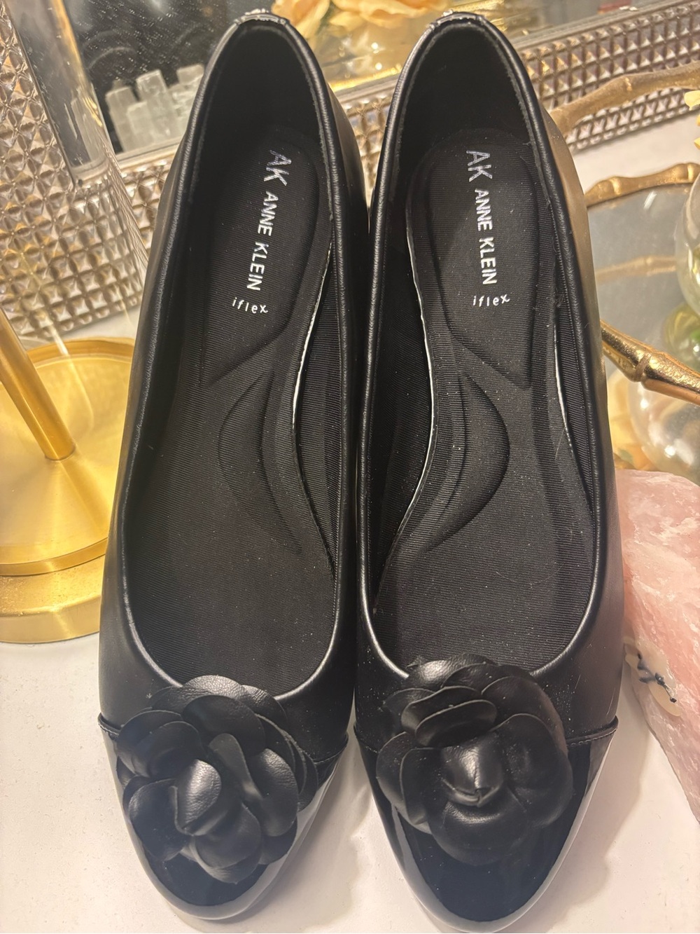 Anne Klein Black Floral Appliqué Ballet Flats